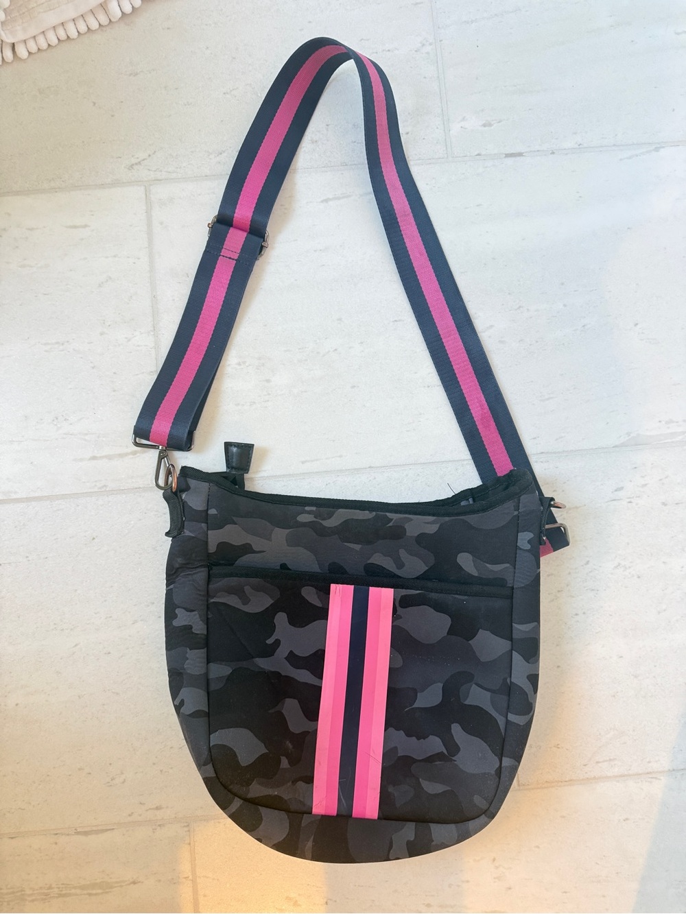 HAUTE SHORE Black Camo Crossbody with Pink Stripe Accent